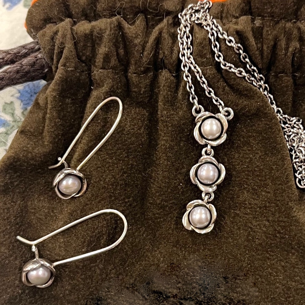 Set of 2 New Pandora Sterling Silver and Grey Pearl Earring and Necklace